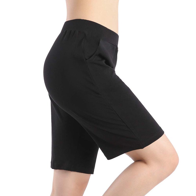 QingWan Womens Knee Length Shorts with Pockets Plus Size Elastic Waist Short Pants Yoga Black - Image 4